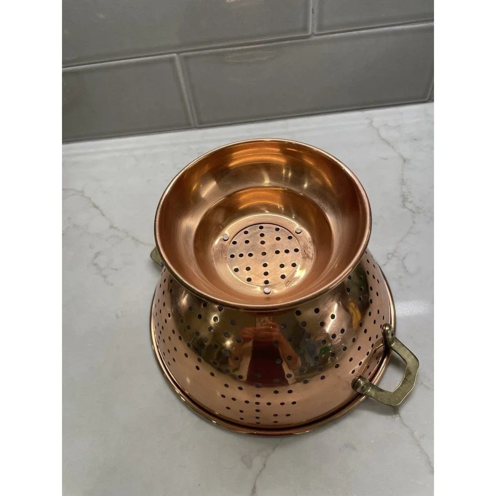 Vintage Solid Korean Copper Colander Footed Strainer Brass Handles Farmhouse 9
